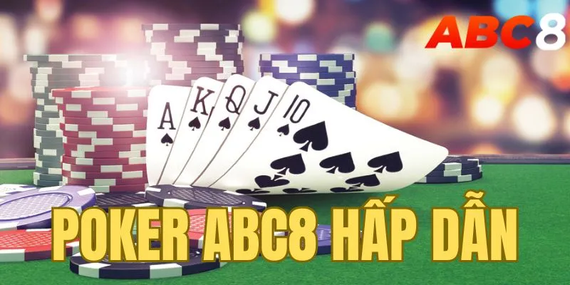 Hình ảnh minh họa trò chơi Poker tại ABC8 với bàn chơi sang trọng, các quân bài và người chơi tập trung chiến thuật