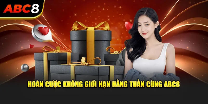 Hình ảnh minh họa chương trình hoàn cược mỗi tuần tại ABC8 Bet với biểu tượng hoàn tiền, tiền thưởng và người chơi vui mừng nhận thưởng