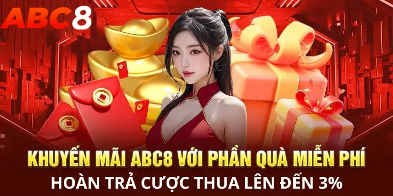 chương trình hoàn trả cược thua tại ABC8 với biểu tượng mũi tên hoàn tiền và người chơi vui vẻ