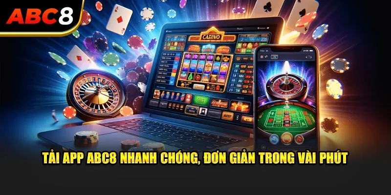 Hình ảnh minh họa hướng dẫn tải app ABC8 với giao diện tải xuống, biểu tượng ứng dụng và người dùng thao tác trên điện thoại