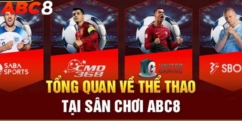 Hình ảnh minh họa sảnh thể thao ABC8 với các môn thể thao phổ biến, bảng tỷ lệ cược trực quan và người chơi hào hứng tham gia