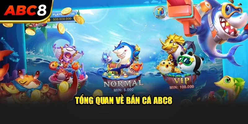 Hình ảnh minh họa tổng quan trò chơi bắn cá tại ABC8 với đại dương sống động, các loài cá đa dạng và hiệu ứng bắn súng hấp dẫn